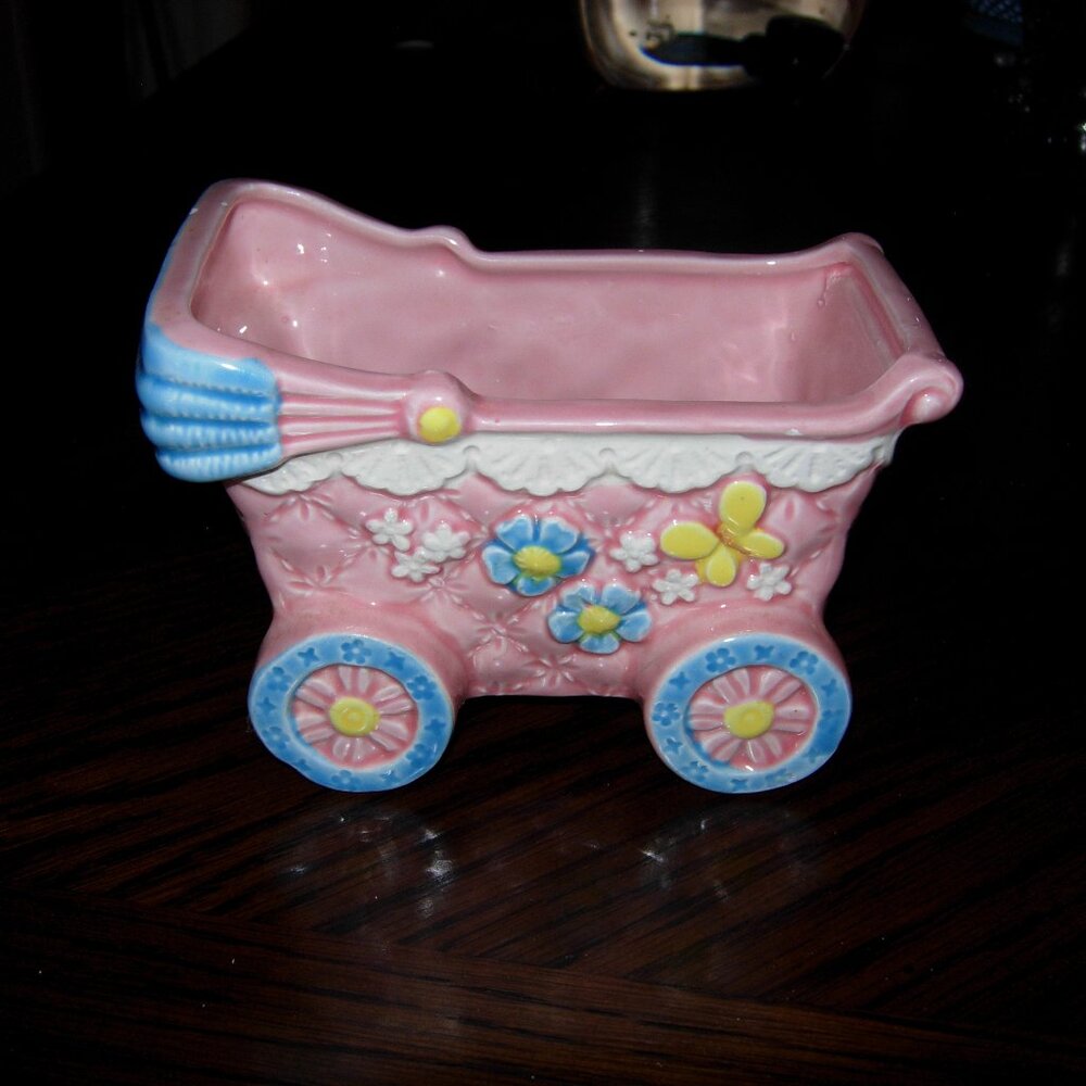 VINTAGE Lefton Pink Baby Carriage Planter 03716